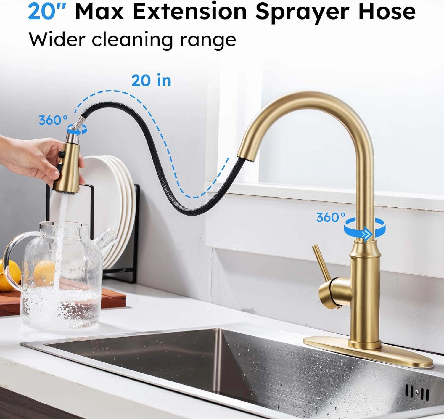 Arofa Gold Kitchen Faucet with Pull Down Sprayer, High Arc Single Handle Kitchen Sink Faucet 1 or 3 Hole, Stainless Steel Faucet for Kitchen Sink RV Farmhouse Bar Laundry, Brushed Gold