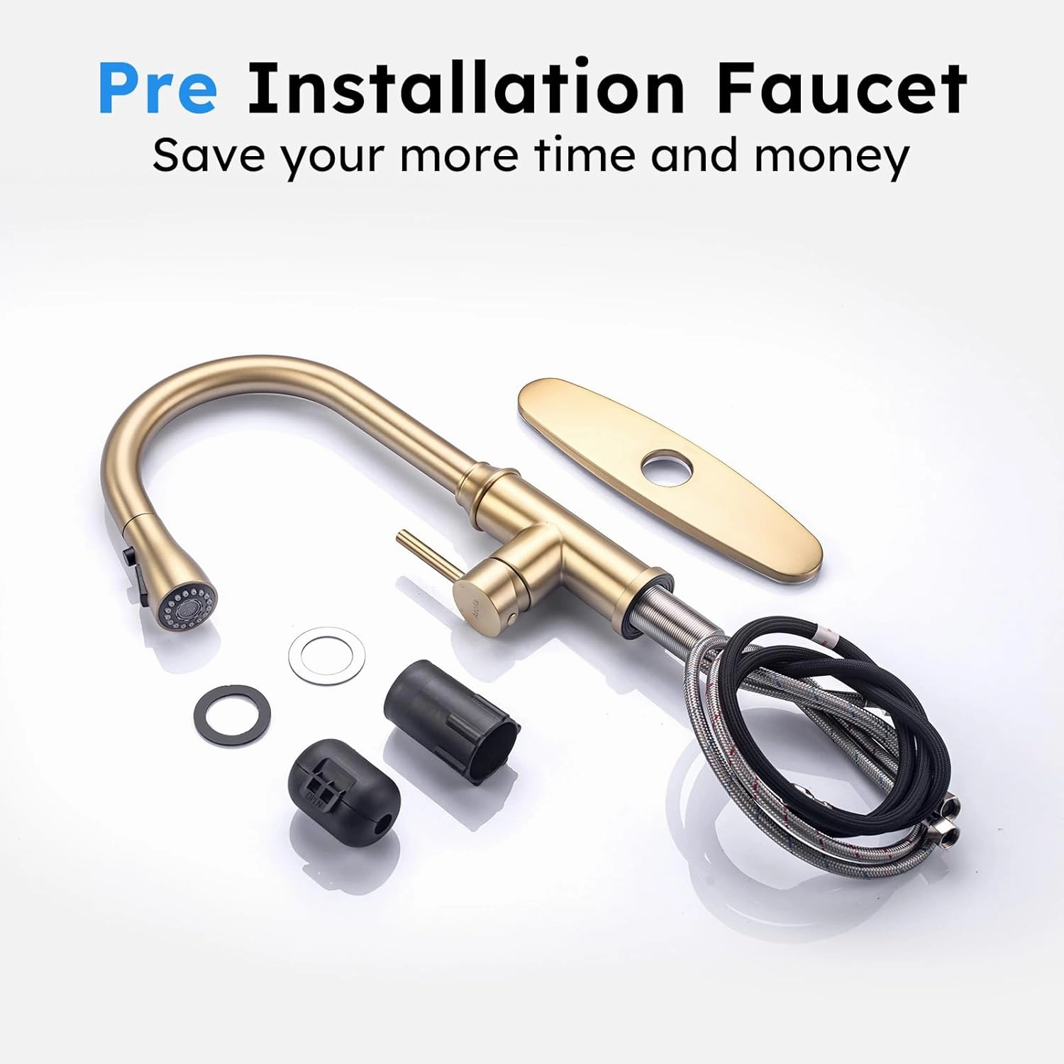 Arofa Gold Kitchen Faucet with Pull Down Sprayer, High Arc Single Handle Kitchen Sink Faucet 1 or 3 Hole, Stainless Steel Faucet for Kitchen Sink RV Farmhouse Bar Laundry, Brushed Gold