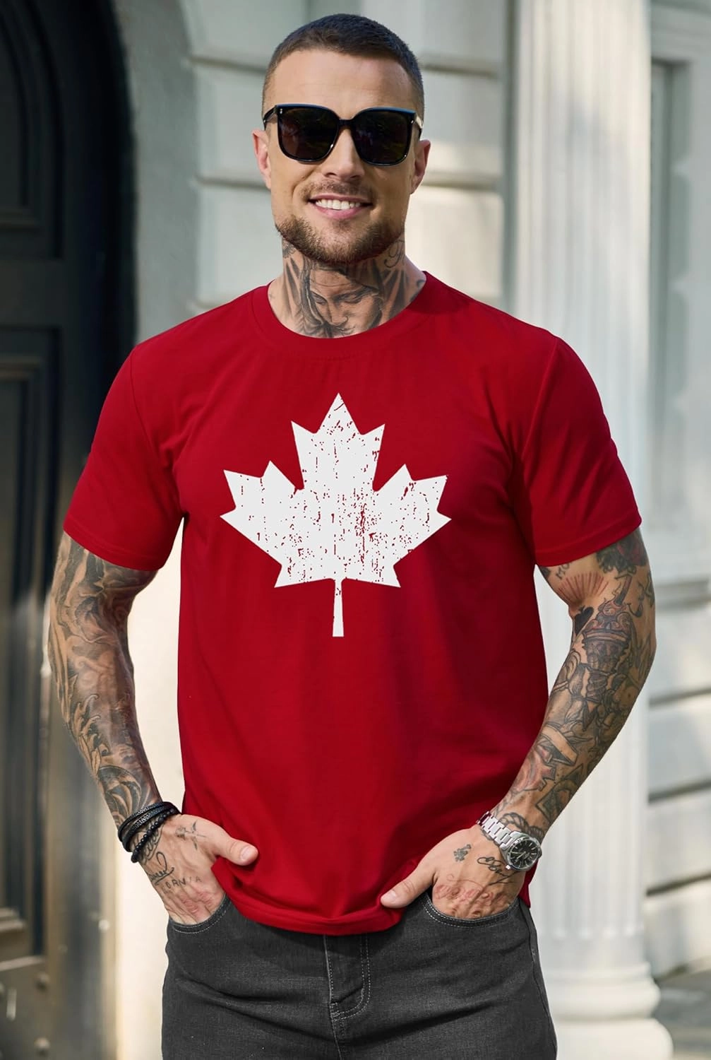 Arvilhill Men's Canada Day T-Shirt Distressed Print Maple Leaf Canadian Flag Vintage Tee (S-3XL)