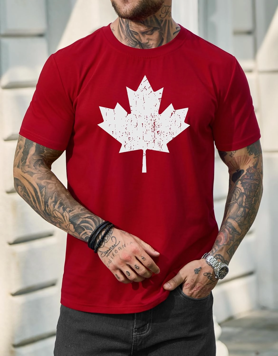 Arvilhill Men's Canada Day T-Shirt Distressed Print Maple Leaf Canadian Flag Vintage Tee (S-3XL)