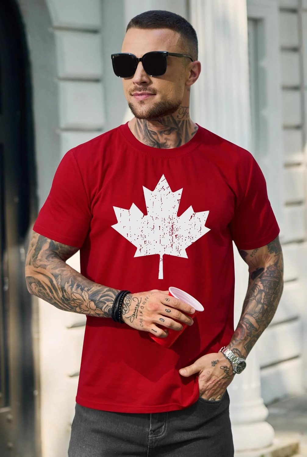 Arvilhill Men's Canada Day T-Shirt Distressed Print Maple Leaf Canadian Flag Vintage Tee (S-3XL)