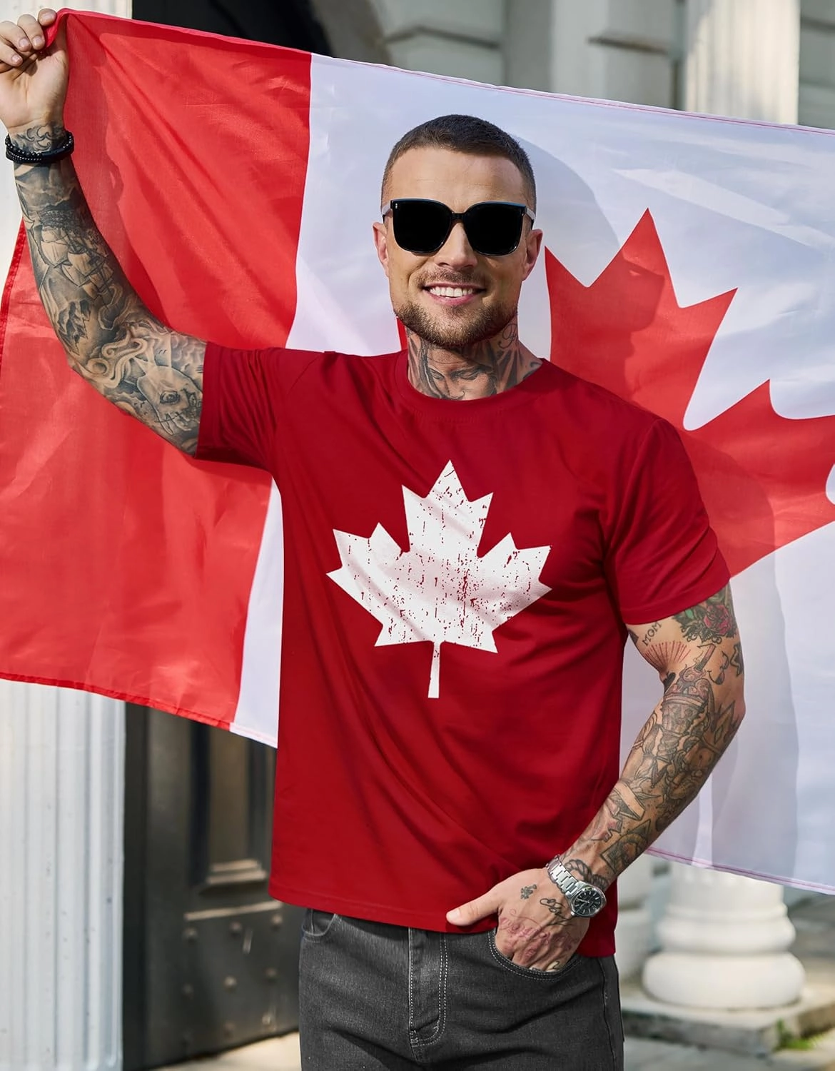 Arvilhill Men's Canada Day T-Shirt Distressed Print Maple Leaf Canadian Flag Vintage Tee (S-3XL)