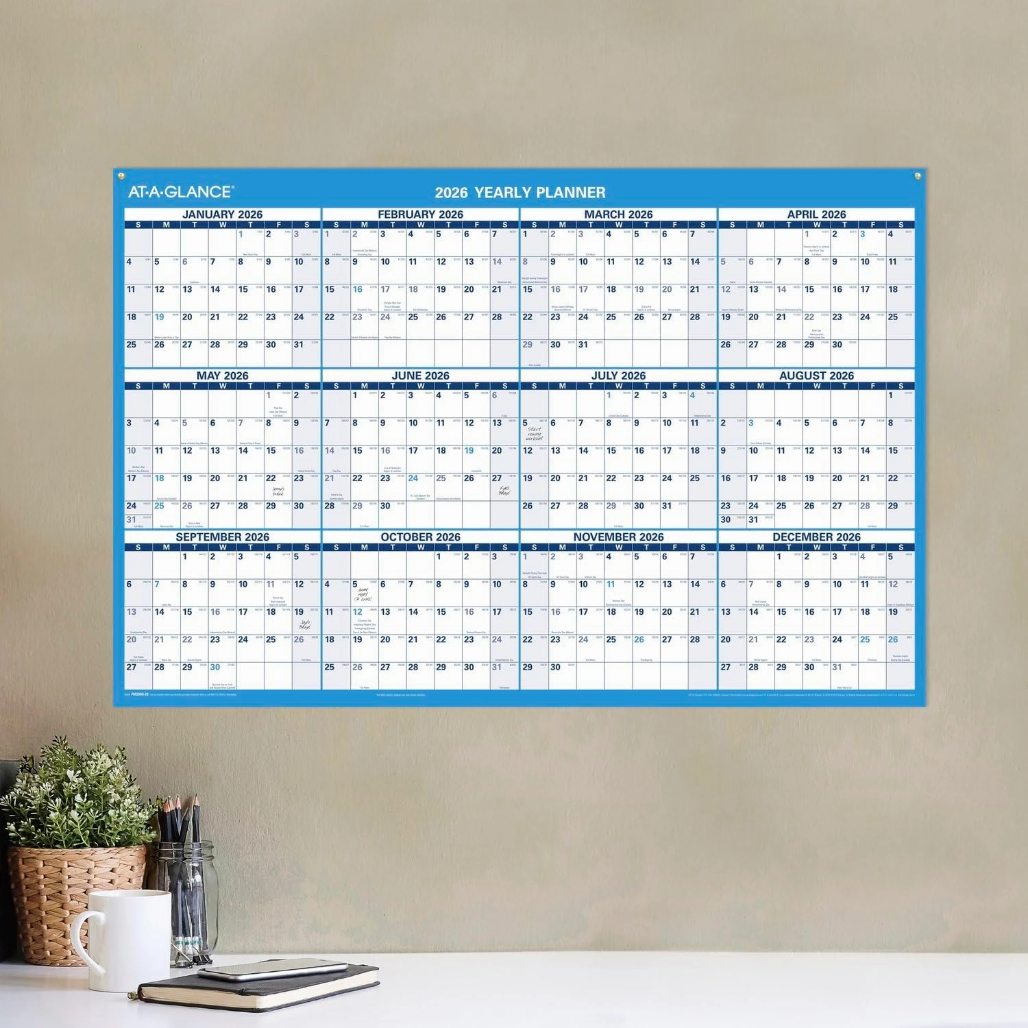 AT-A-GLANCE Erasable Calendar 2025-2026, Dry Erase Wall Planner, 36" x 24", Large, Academic & Regular Year, Double Sided, Horizontal (PM200S28)