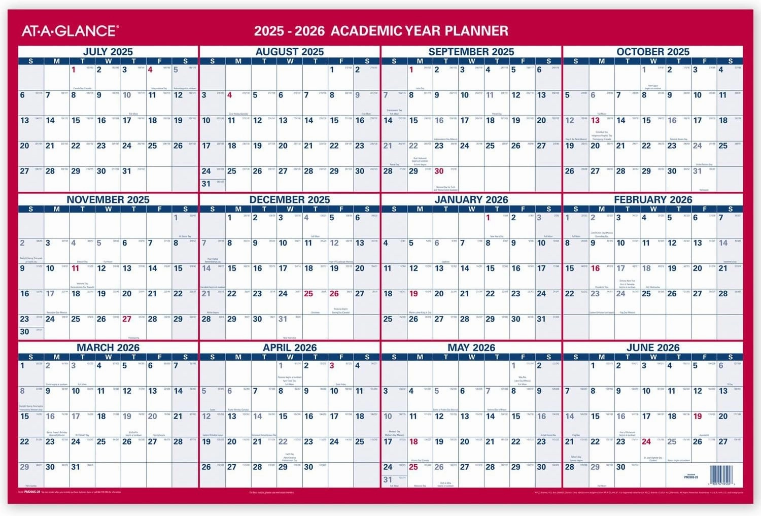 AT-A-GLANCE Erasable Calendar 2025-2026, Dry Erase Wall Planner, 36" x 24", Large, Academic & Regular Year, Double Sided, Horizontal (PM200S28)