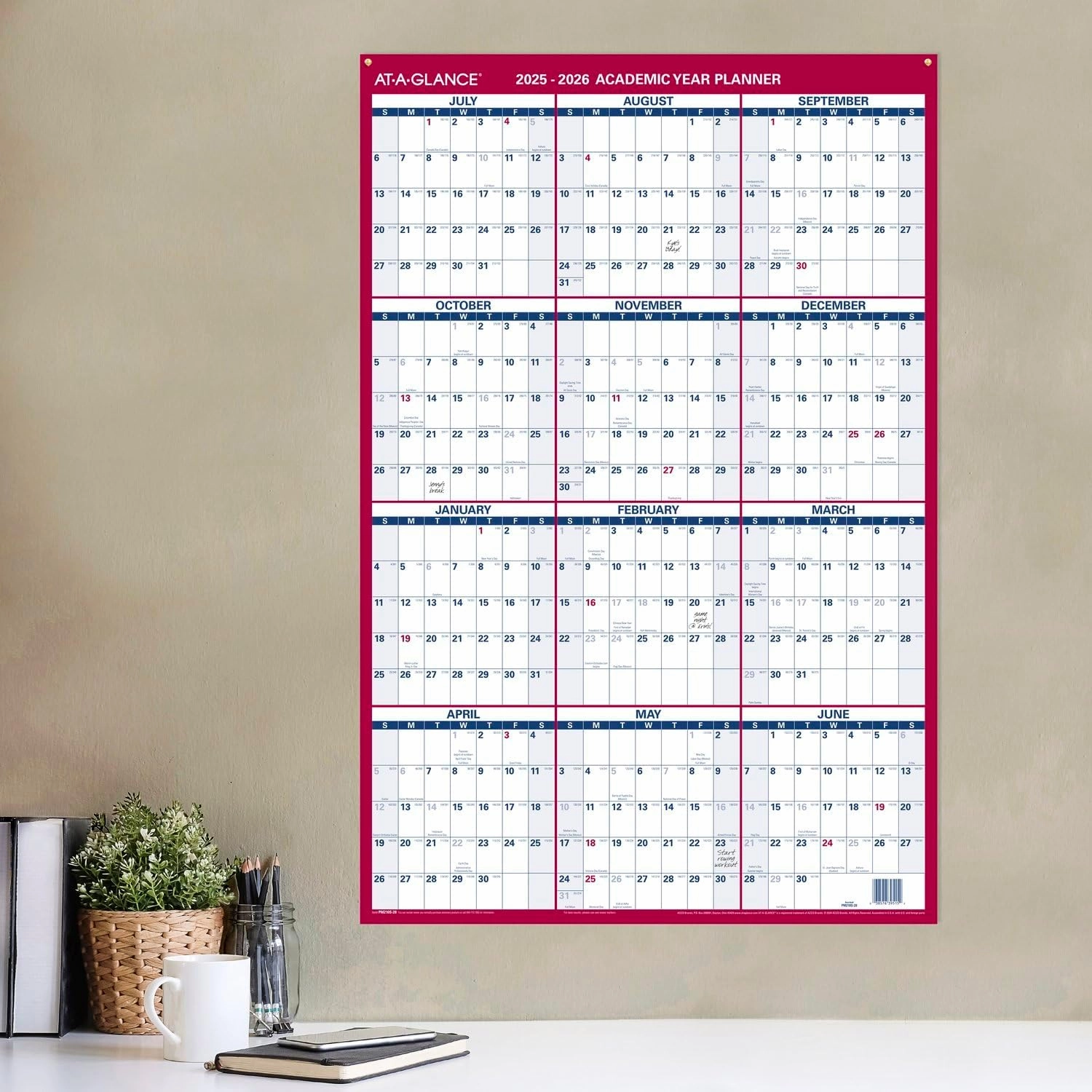 AT-A-GLANCE Erasable Calendar 2025-2026, Dry Erase Wall Planner, 36" x 24", Large, Academic & Regular Year, Double Sided, Vertical (PM210S28)