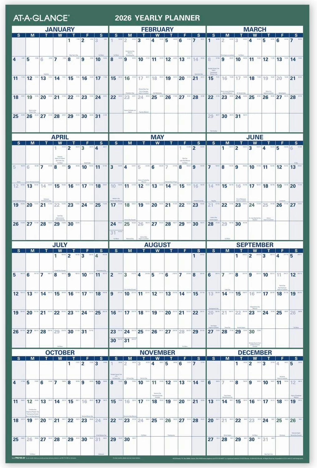 AT-A-GLANCE Erasable Calendar 2025-2026, Dry Erase Wall Planner, 36" x 24", Large, Academic & Regular Year, Double Sided, Vertical (PM210S28)