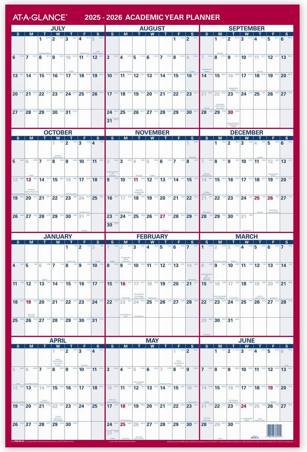AT-A-GLANCE Erasable Calendar 2025-2026, Dry Erase Wall Planner, 36" x 24", Large, Academic & Regular Year, Double Sided, Vertical (PM210S28)