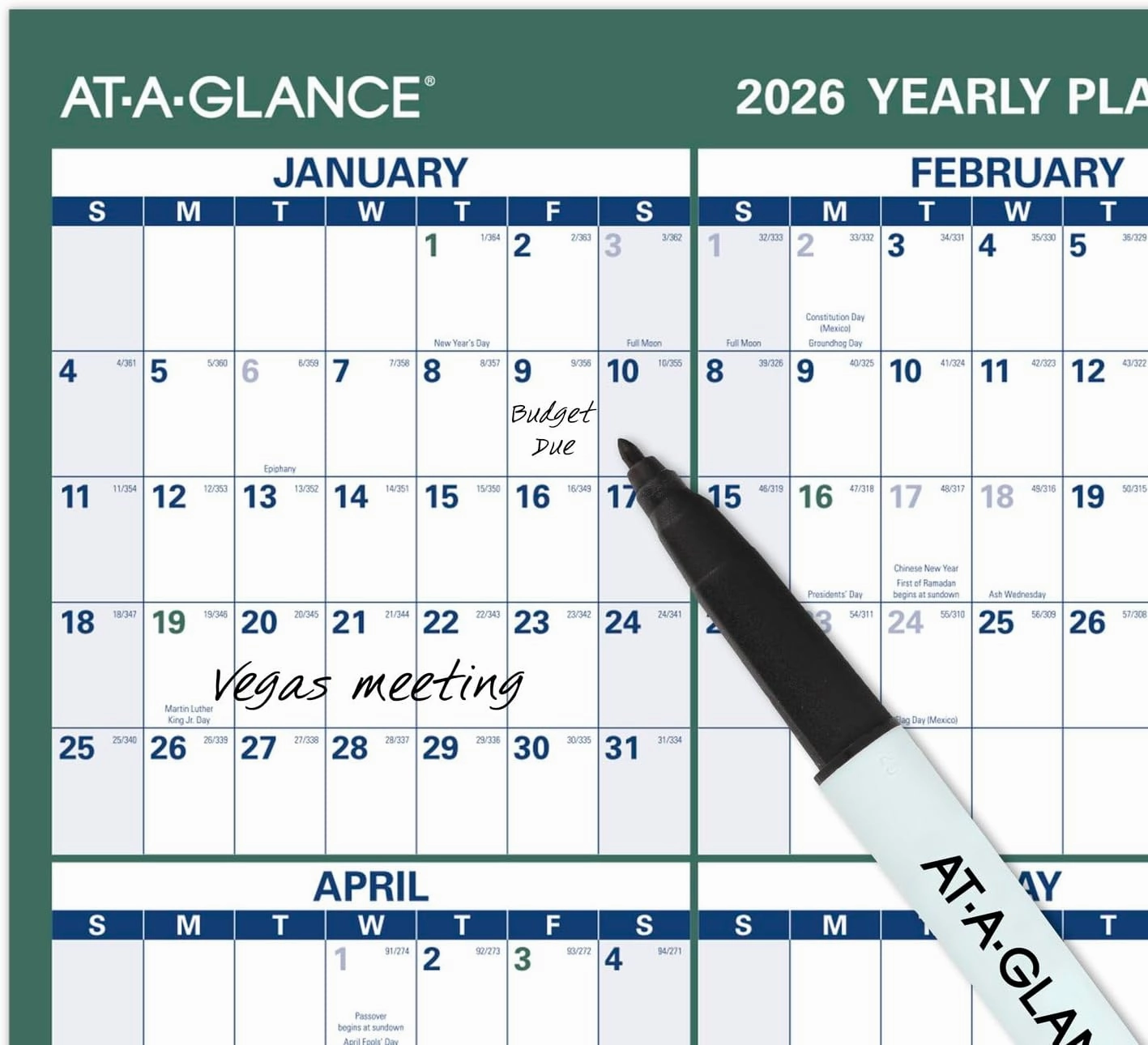 AT-A-GLANCE Erasable Calendar 2025-2026, Dry Erase Wall Planner, 36" x 24", Large, Academic & Regular Year, Double Sided, Vertical (PM210S28)