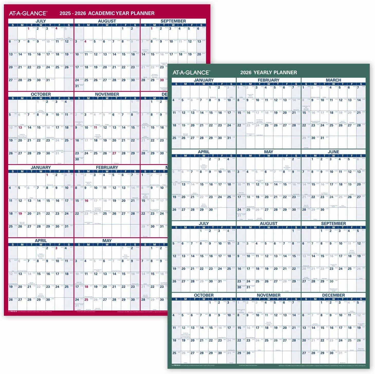 AT-A-GLANCE Erasable Calendar 2025-2026, Dry Erase Wall Planner, 36" x 24", Large, Academic & Regular Year, Double Sided, Vertical (PM210S28)