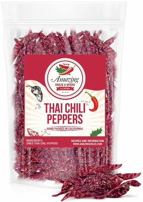 Authentic Red Thai Chili Peppers, 1LB. Bag, Genuine Hot Red Whole Pepper Chilis, Dried Fresh for Cooking Traditional Asian Foods, Soups, and Curry by Amazing Chiles & Spices
