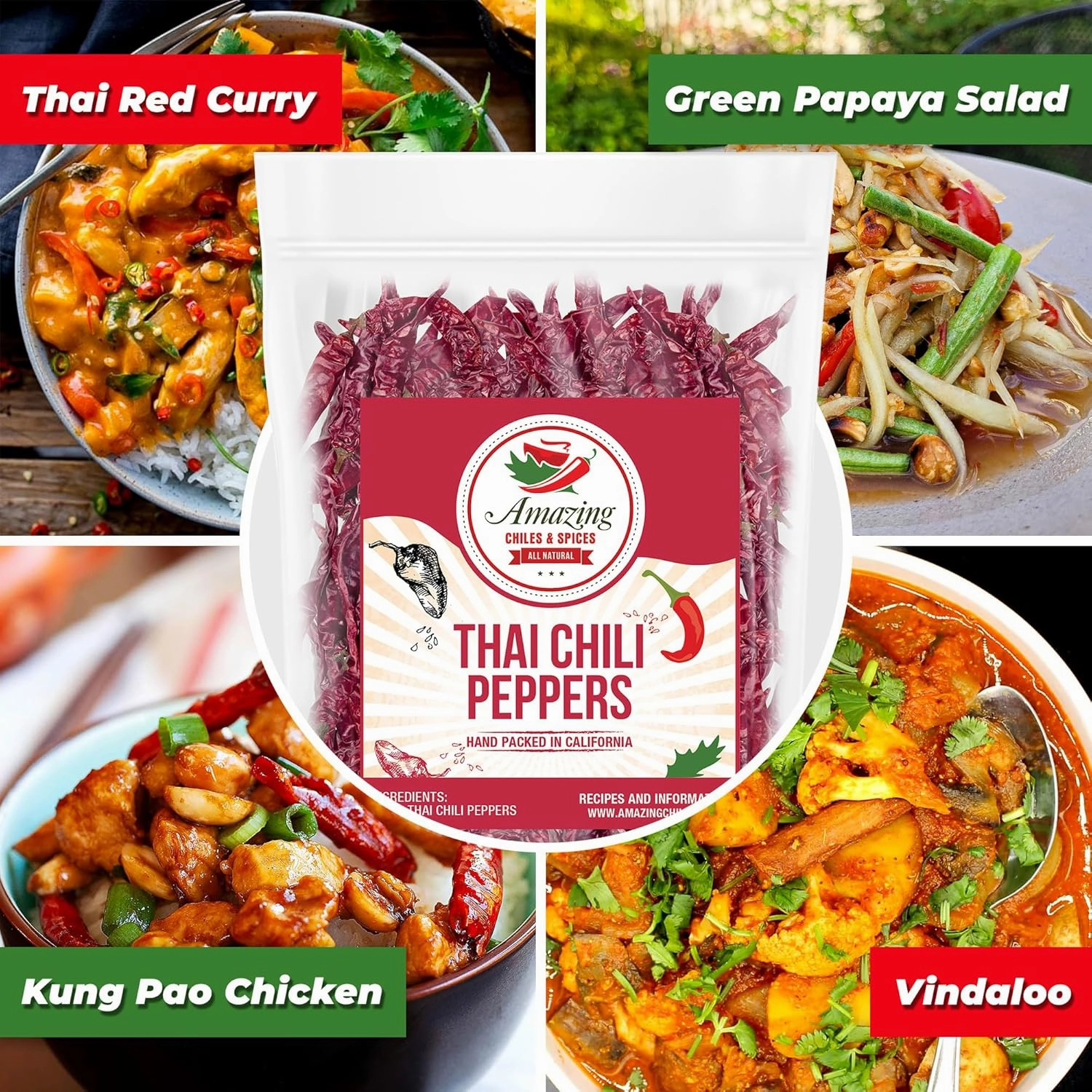 Authentic Red Thai Chili Peppers, 1LB. Bag, Genuine Hot Red Whole Pepper Chilis, Dried Fresh for Cooking Traditional Asian Foods, Soups, and Curry by Amazing Chiles & Spices