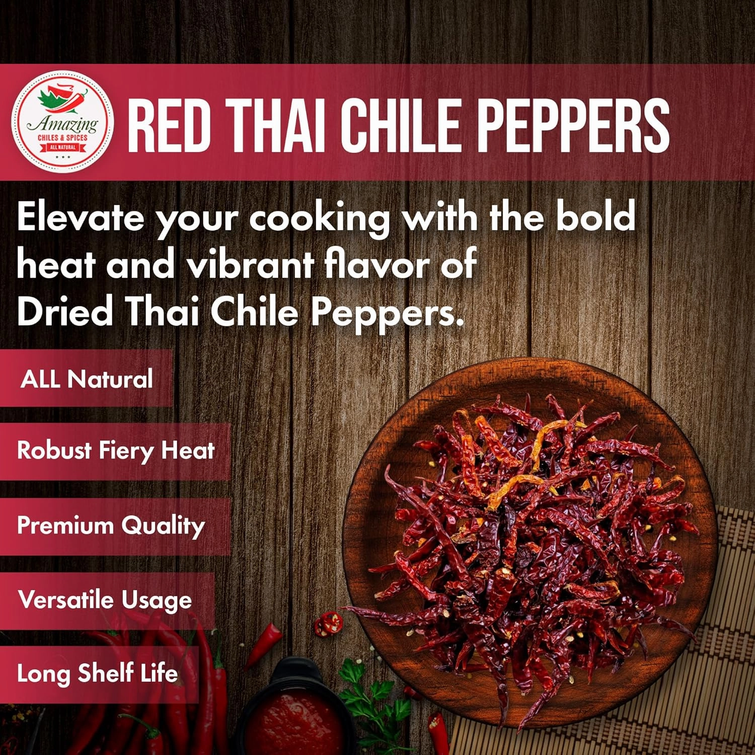 Authentic Red Thai Chili Peppers, 1LB. Bag, Genuine Hot Red Whole Pepper Chilis, Dried Fresh for Cooking Traditional Asian Foods, Soups, and Curry by Amazing Chiles & Spices