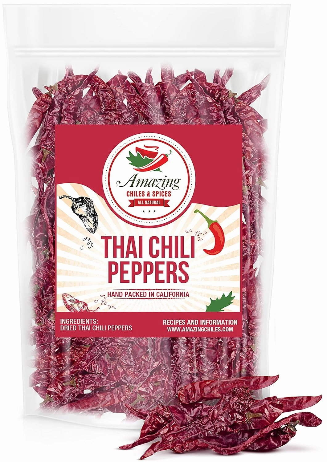 Authentic Red Thai Chili Peppers, 1LB. Bag, Genuine Hot Red Whole Pepper Chilis, Dried Fresh for Cooking Traditional Asian Foods, Soups, and Curry by Amazing Chiles & Spices