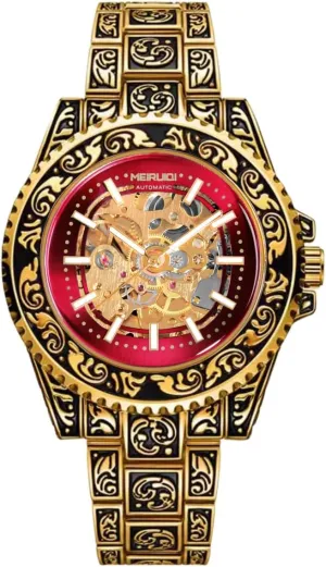 Automatic Watch, Gold-Tone with Red Dial, Skeleton Design
