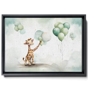 Baby Giraffe With Balloons And Clouds, In The Style Of Light Emerald And Brown, Canvas