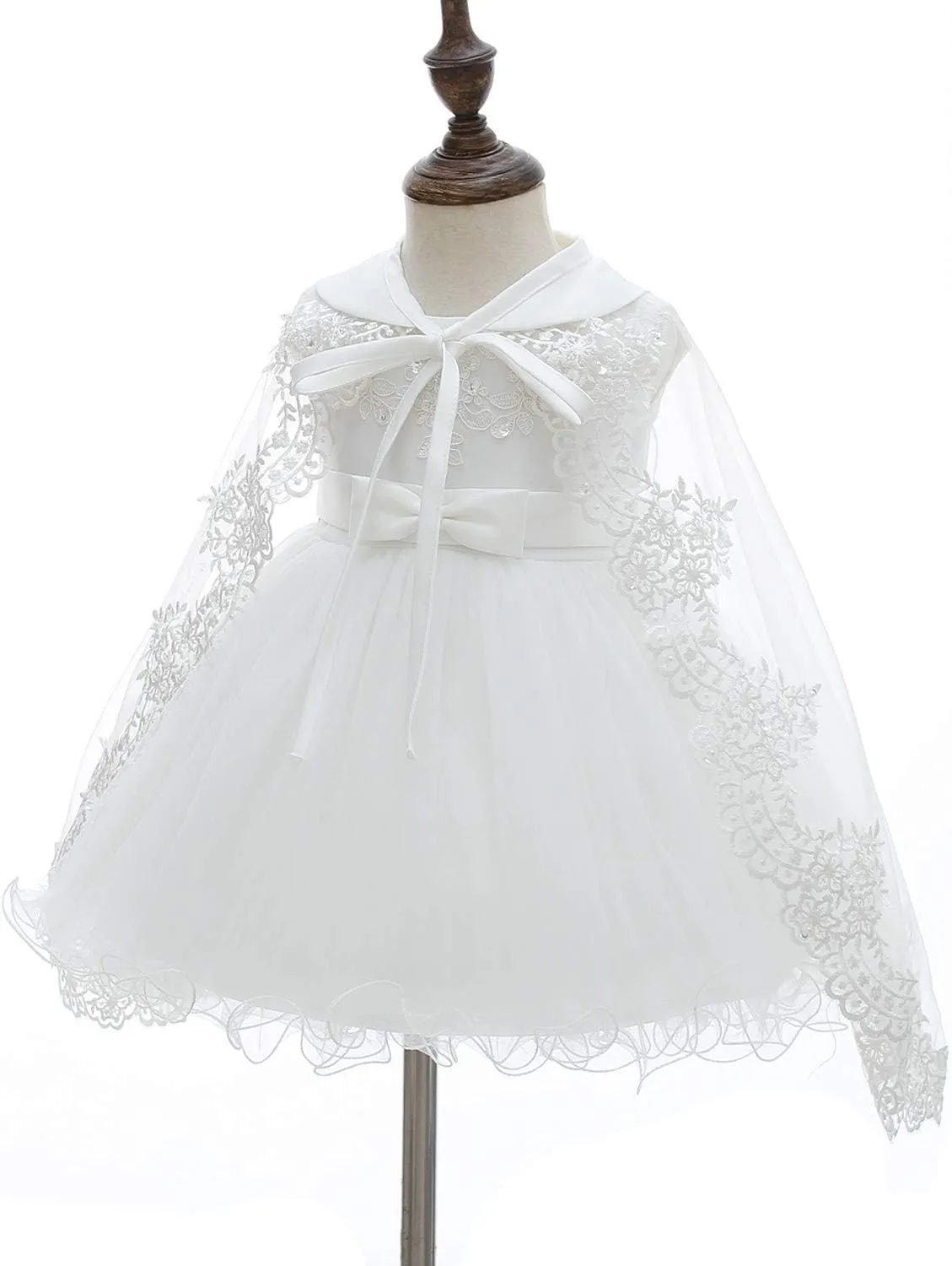 Baby Girls Christening Baptism Dress Satin Tulle Gown with Lace Cape for Flower Girl and Birthday