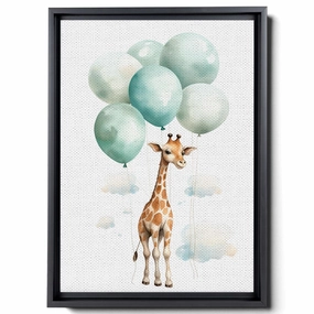Baby Giraffe With Balloons And Clouds, In The Style Of Light Emerald And Brown, Canvas