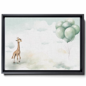 Baby Giraffe With Balloons And Clouds, In The Style Of Light Emerald And Brown, Canvas Prints