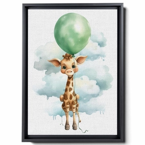 Baby Giraffe With Balloons And Clouds, In The Style Of Light Emerald And Brown, Canvas Prints