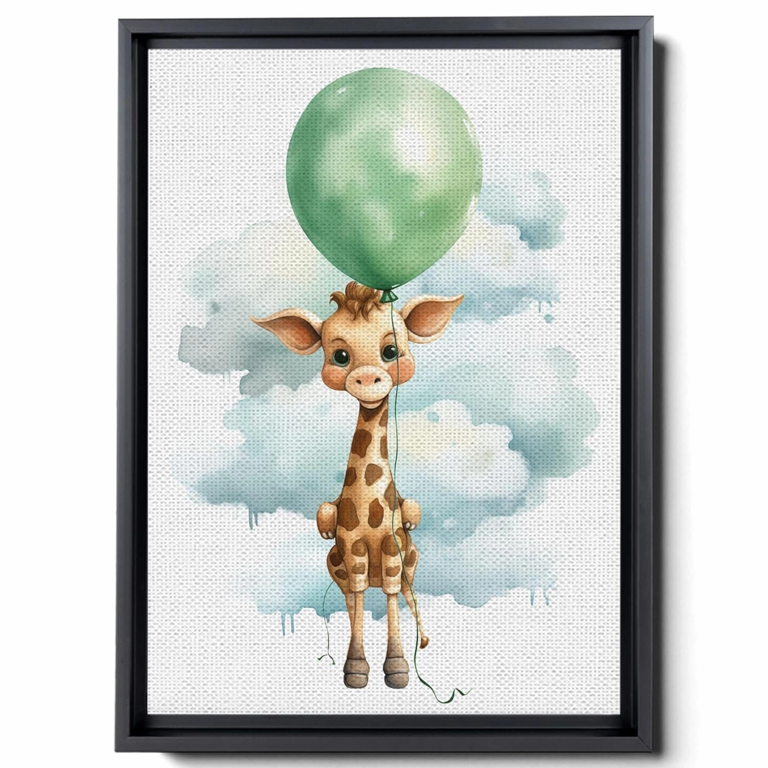 Baby Giraffe With Balloons And Clouds, In The Style Of Light Emerald And Brown, Canvas Prints