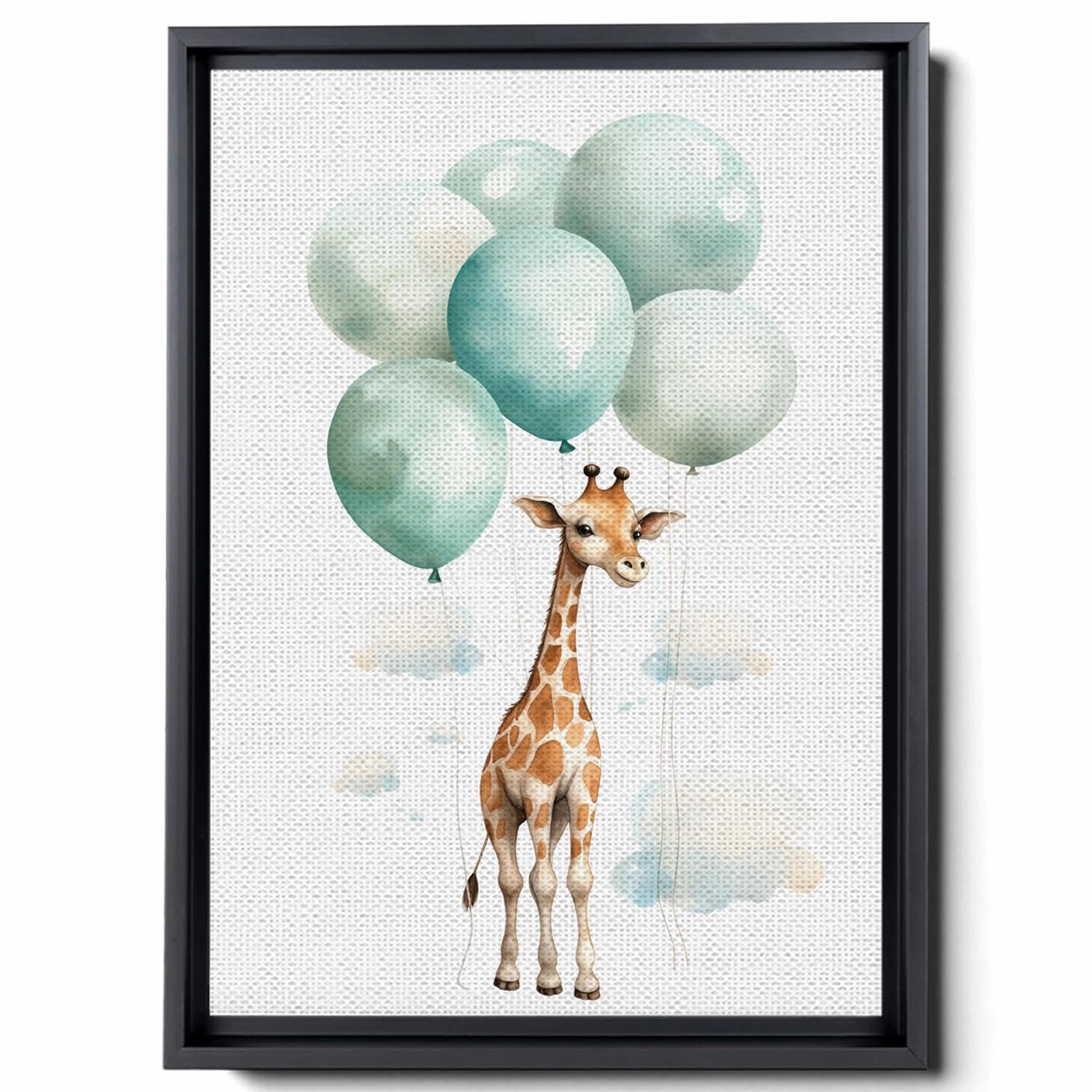Baby Giraffe With Balloons And Clouds, In The Style Of Light Emerald And Brown, Canvas