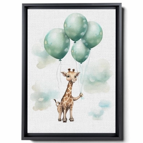 Baby Giraffe With Balloons And Clouds, In The Style Of Light Emerald And Brown, Decor Canvas