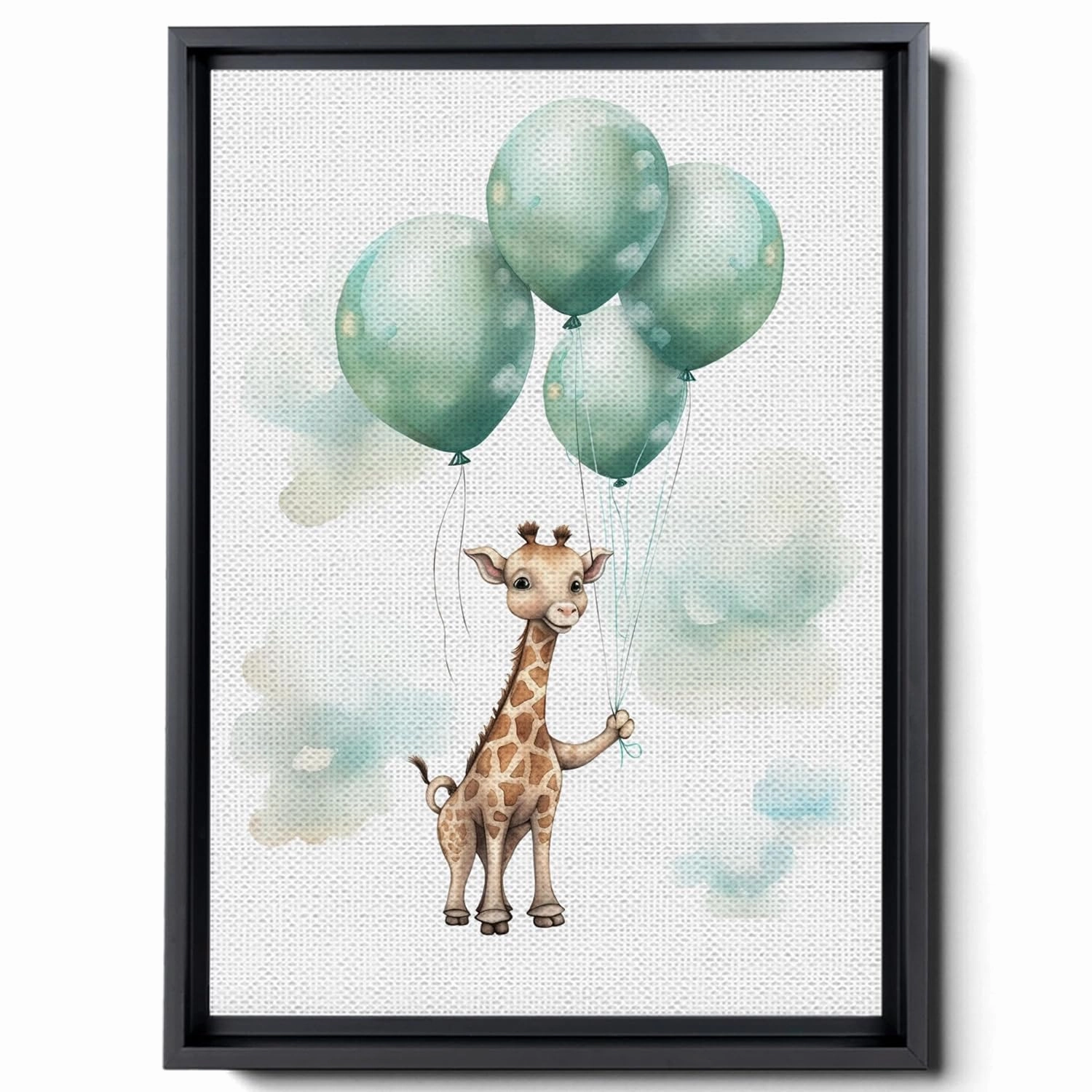 Baby Giraffe With Balloons And Clouds, In The Style Of Light Emerald And Brown, Decor Canvas