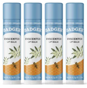 Badger Unscented Classic Lip Balm, 100% Organic Lip Balm for Sensitive Lips, Long Lasting Lip Moisturizer w/Light Silky Texture, 4 Pack