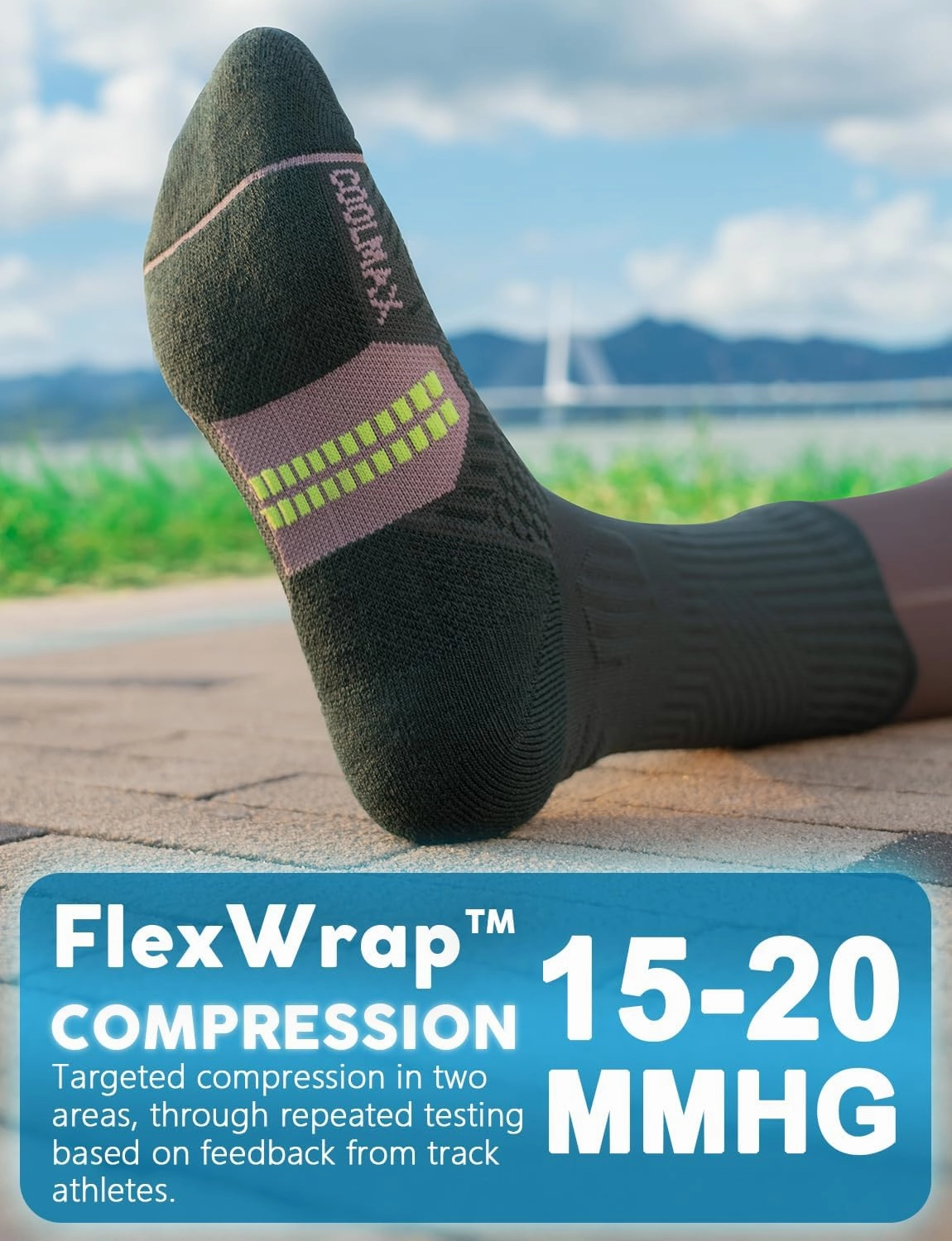 Bamboo Viscose Compression Running Crew Socks, Coolmax Moisture-Wicking Anti-Blister Hiking&Gym Athletic Socks