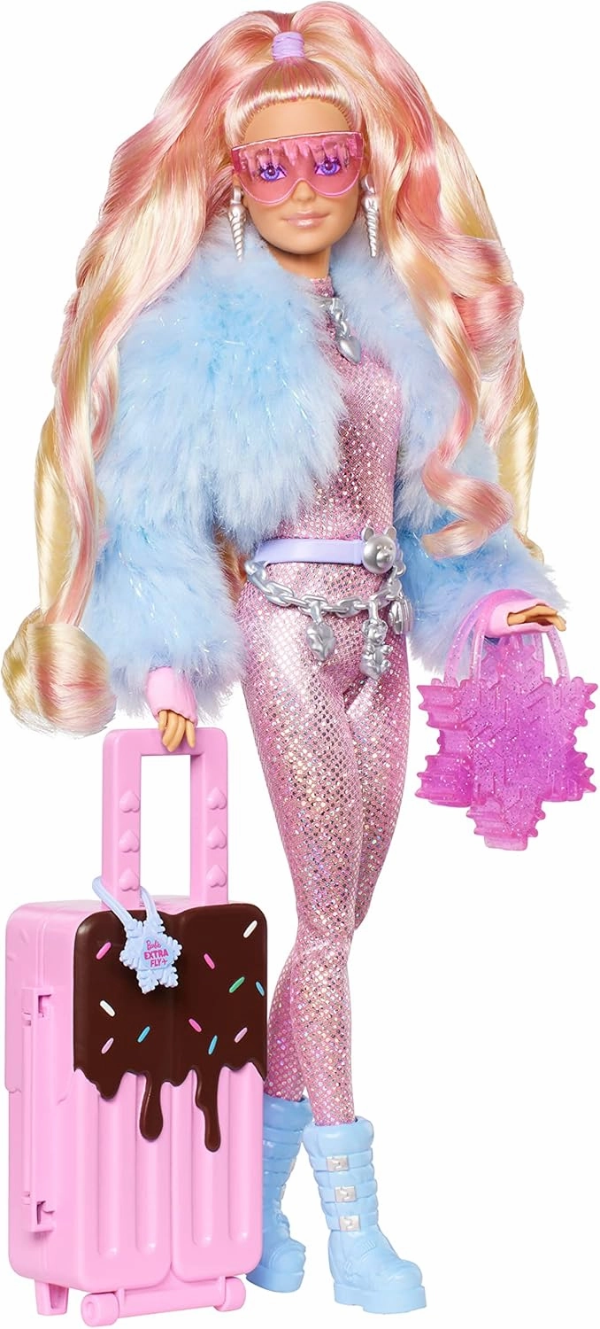 Barbie Extra Fly Doll with Snow-Themed Travel Clothes & Accessories, Sparkly Pink Jumpsuit & Faux Fur Coat