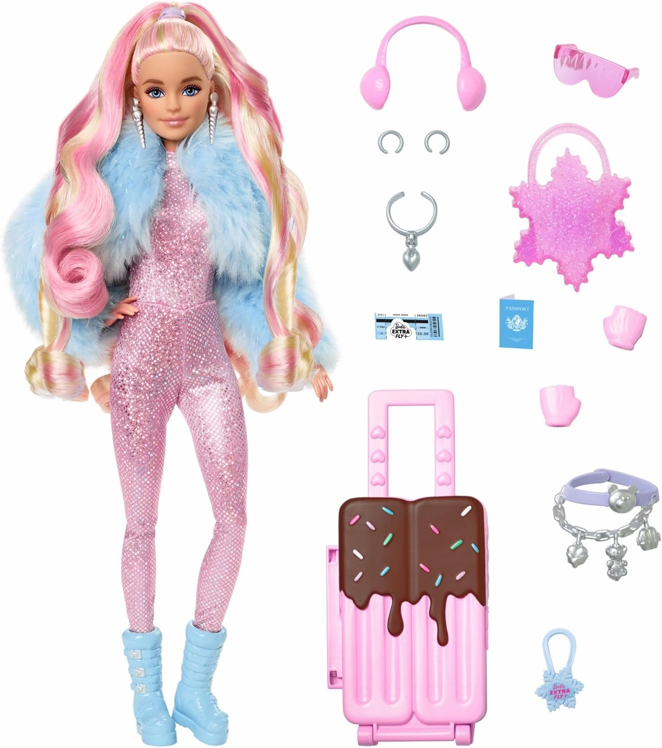 Barbie Extra Fly Doll with Snow-Themed Travel Clothes & Accessories, Sparkly Pink Jumpsuit & Faux Fur Coat