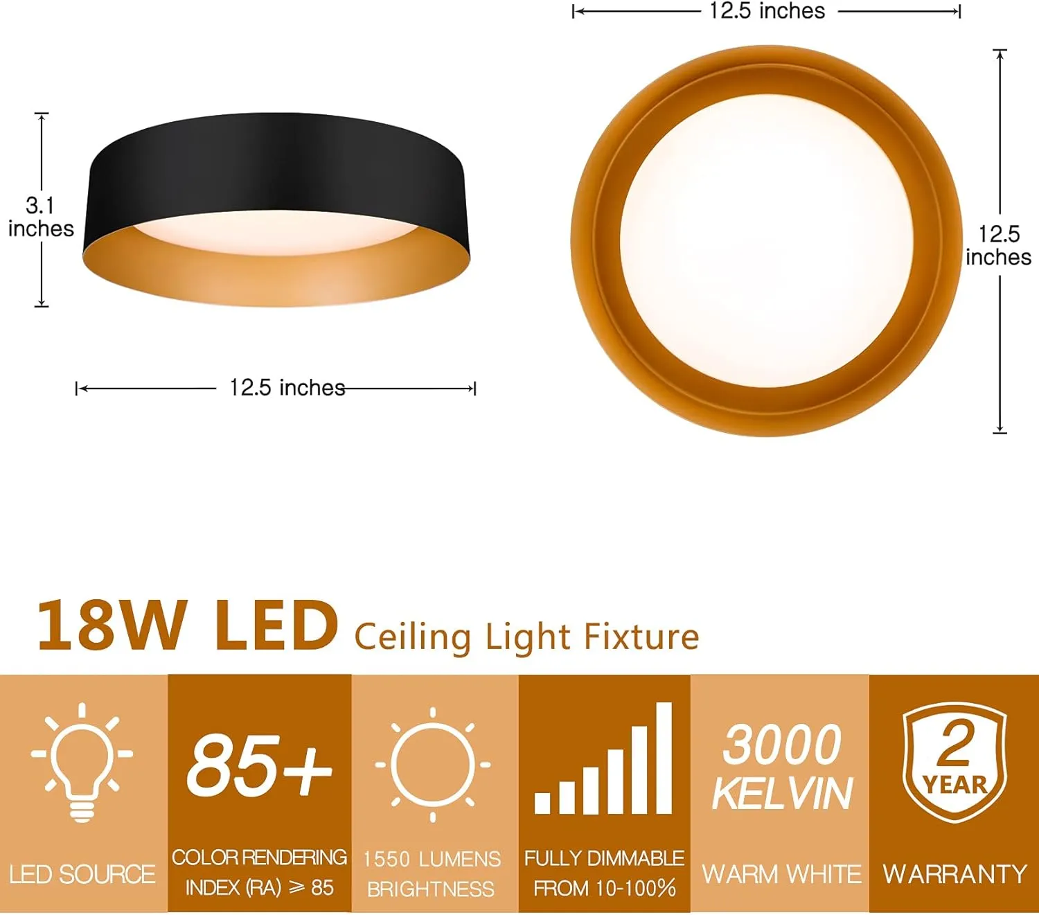 Bargeni Flush Mount Ceiling Lights,12.5 inch Ceiling Light Fixture,3000K/18W, Matte Black with Champagne Gold Inside Finish,Flush Mount Light Fixture for Balcony,Outdoor,Kitchen,ETL Listed-2 Pack