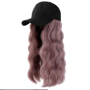 Baseball Cap Wig Long Natural Wavy Hair Extensions With Hat Heat Resistant Synthetic Fiber Hairpieces Adjustable Wig for Women Girls Mixed Pink Color