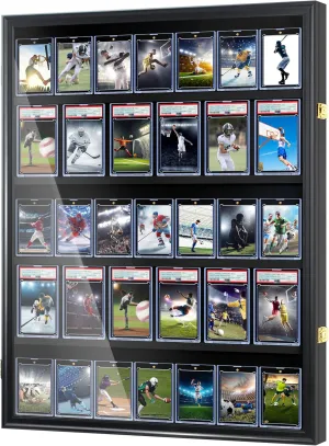 Baseball Card Display Case-35 Graded Sports Card Display Frame,UV-Protected Transparent Visual Lockable Wall Cabinet for Football Baseball Basketball Hockey Trading Cards,Large Vertical Black