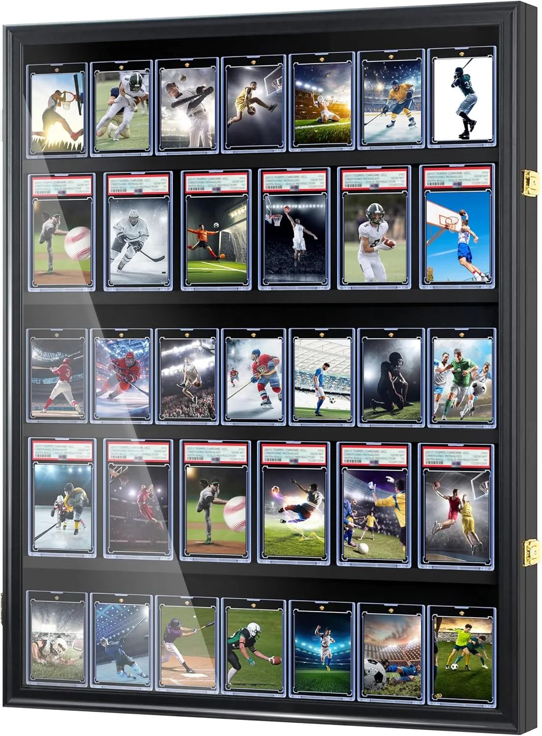 Baseball Card Display Case-35 Graded Sports Card Display Frame,UV-Protected Transparent Visual Lockable Wall Cabinet for Football Baseball Basketball Hockey Trading Cards,Large Vertical Black