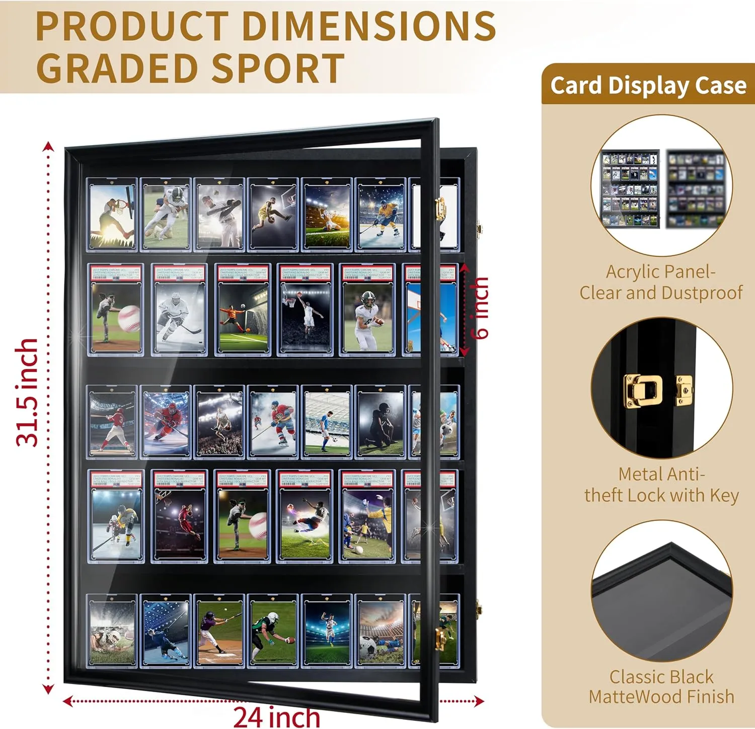 Baseball Card Display Case-35 Graded Sports Card Display Frame,UV-Protected Transparent Visual Lockable Wall Cabinet for Football Baseball Basketball Hockey Trading Cards,Large Vertical Black