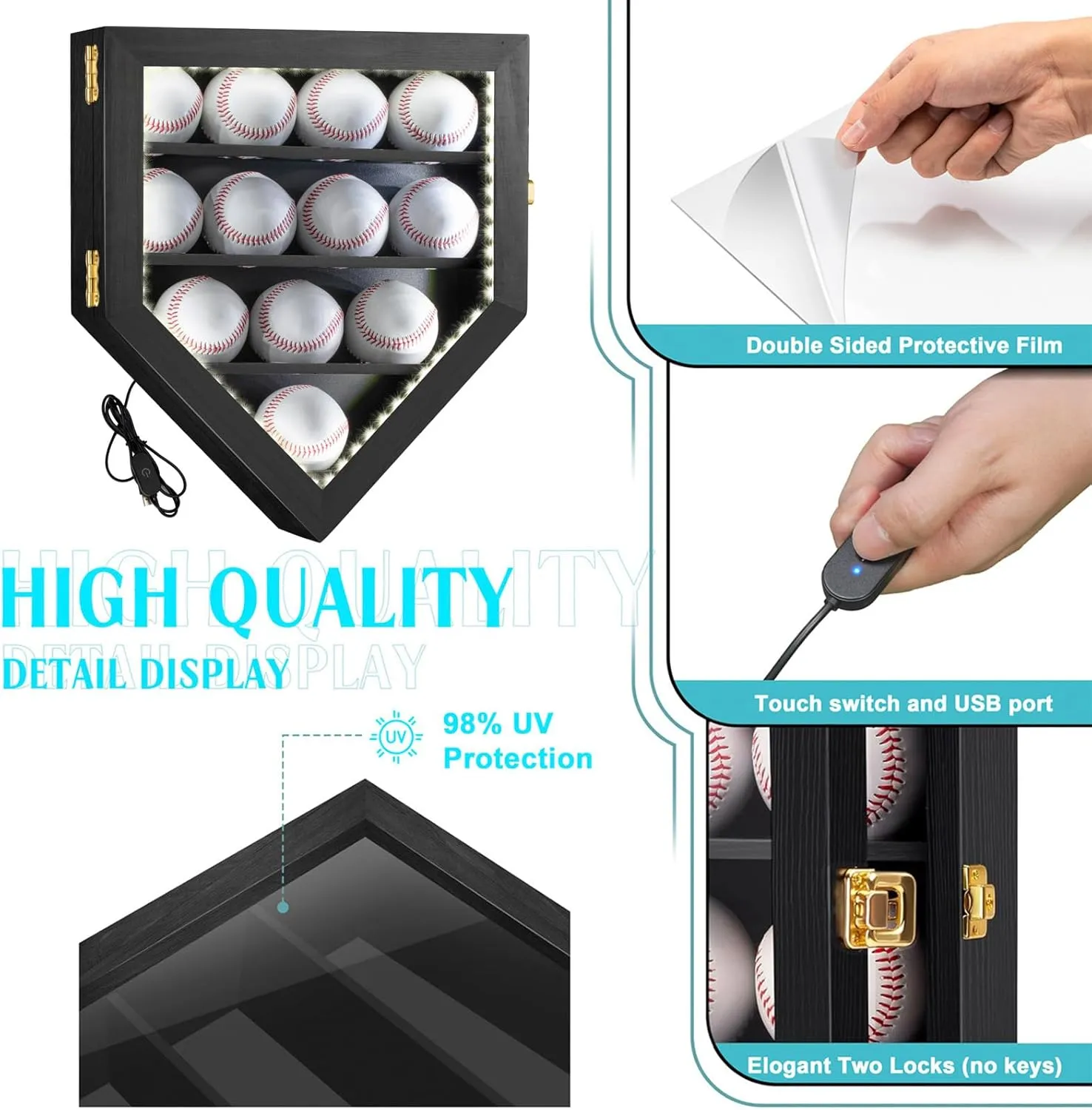Baseball Display Case with Light, LED Baseball Holder Shadow Box for 12 Baseballs Display, HD Acrylic Front UV Protection,Wooden Frame for Collecting Autographed Balls Exquisite Souvenirs