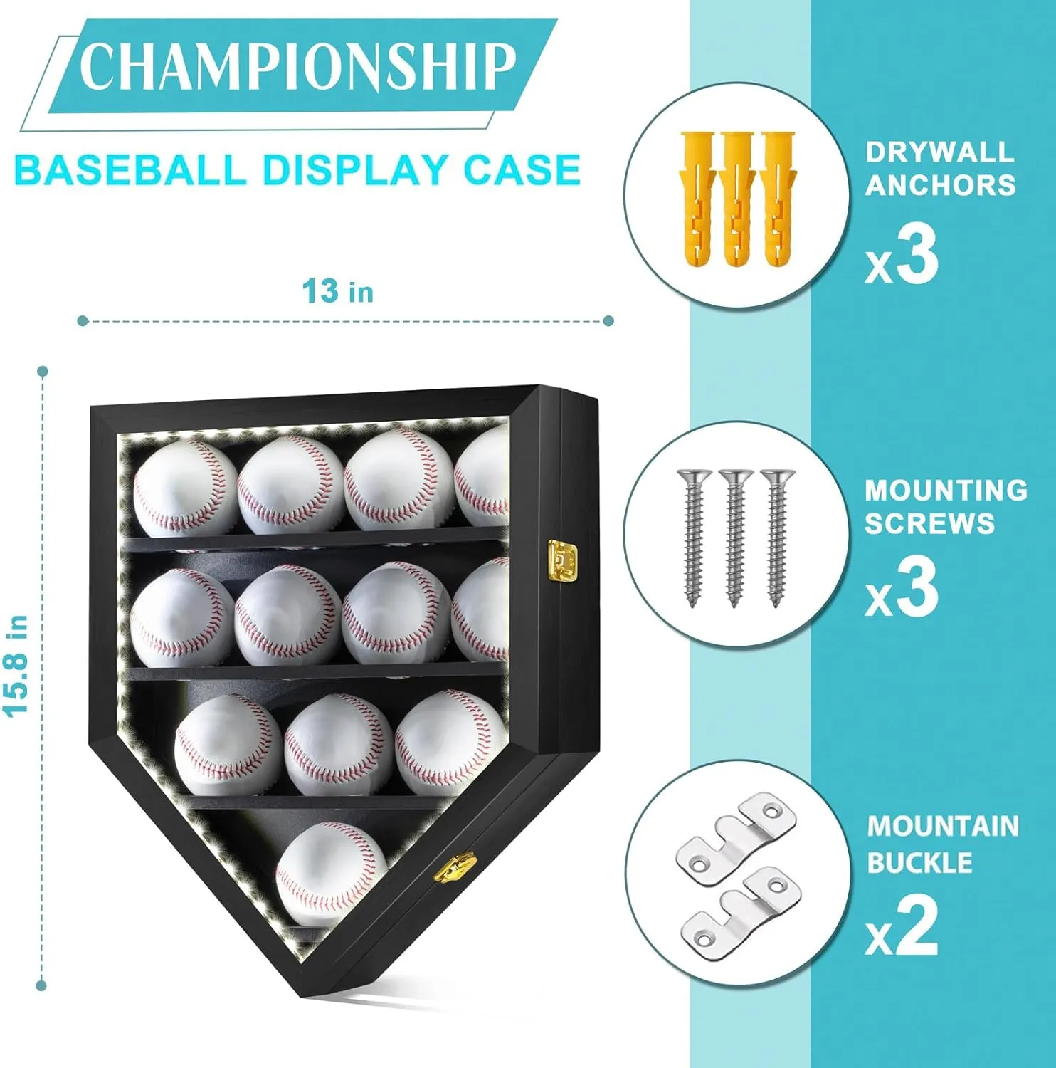 Baseball Display Case with Light, LED Baseball Holder Shadow Box for 12 Baseballs Display, HD Acrylic Front UV Protection,Wooden Frame for Collecting Autographed Balls Exquisite Souvenirs