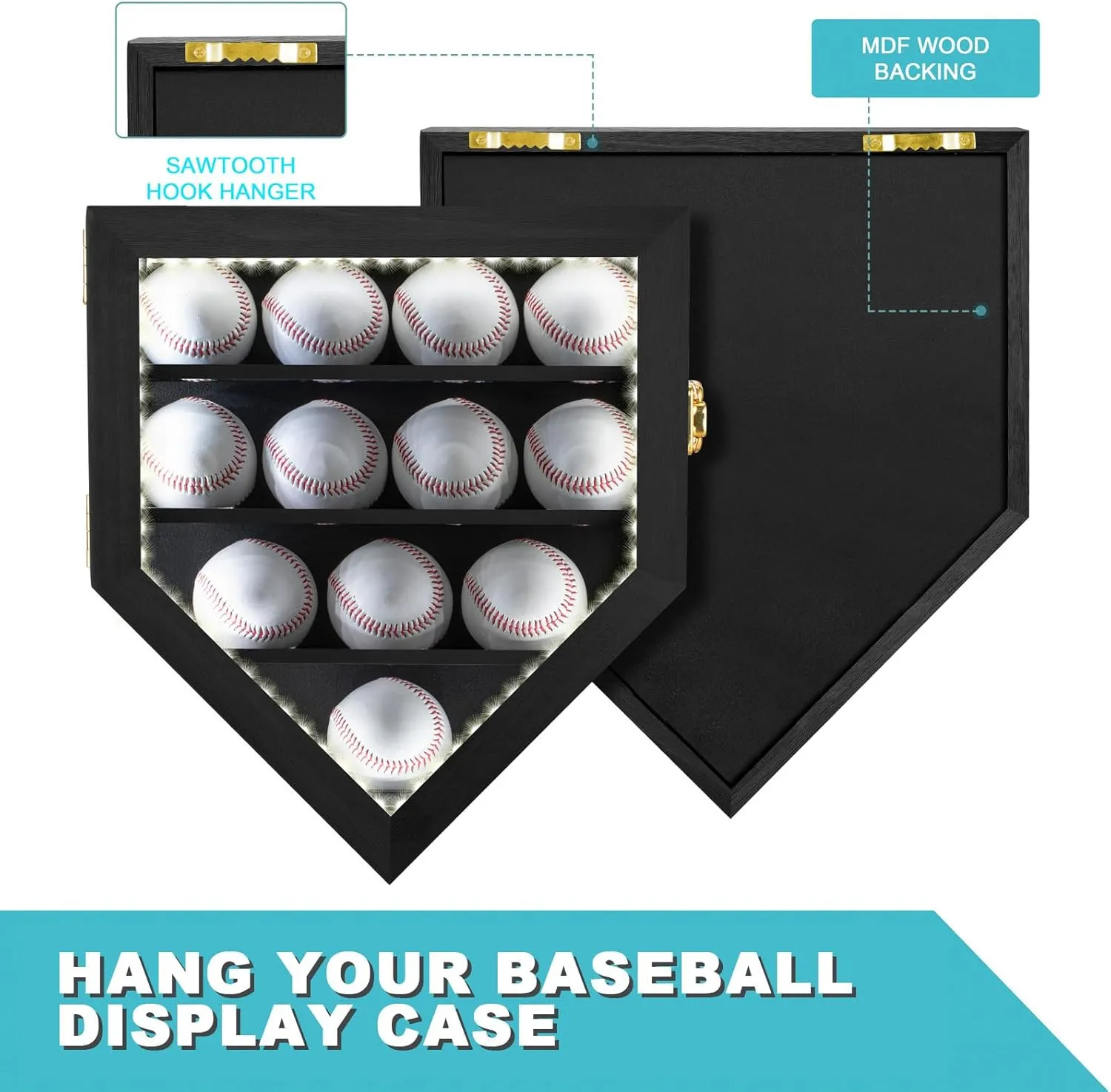 Baseball Display Case with Light, LED Baseball Holder Shadow Box for 12 Baseballs Display, HD Acrylic Front UV Protection,Wooden Frame for Collecting Autographed Balls Exquisite Souvenirs