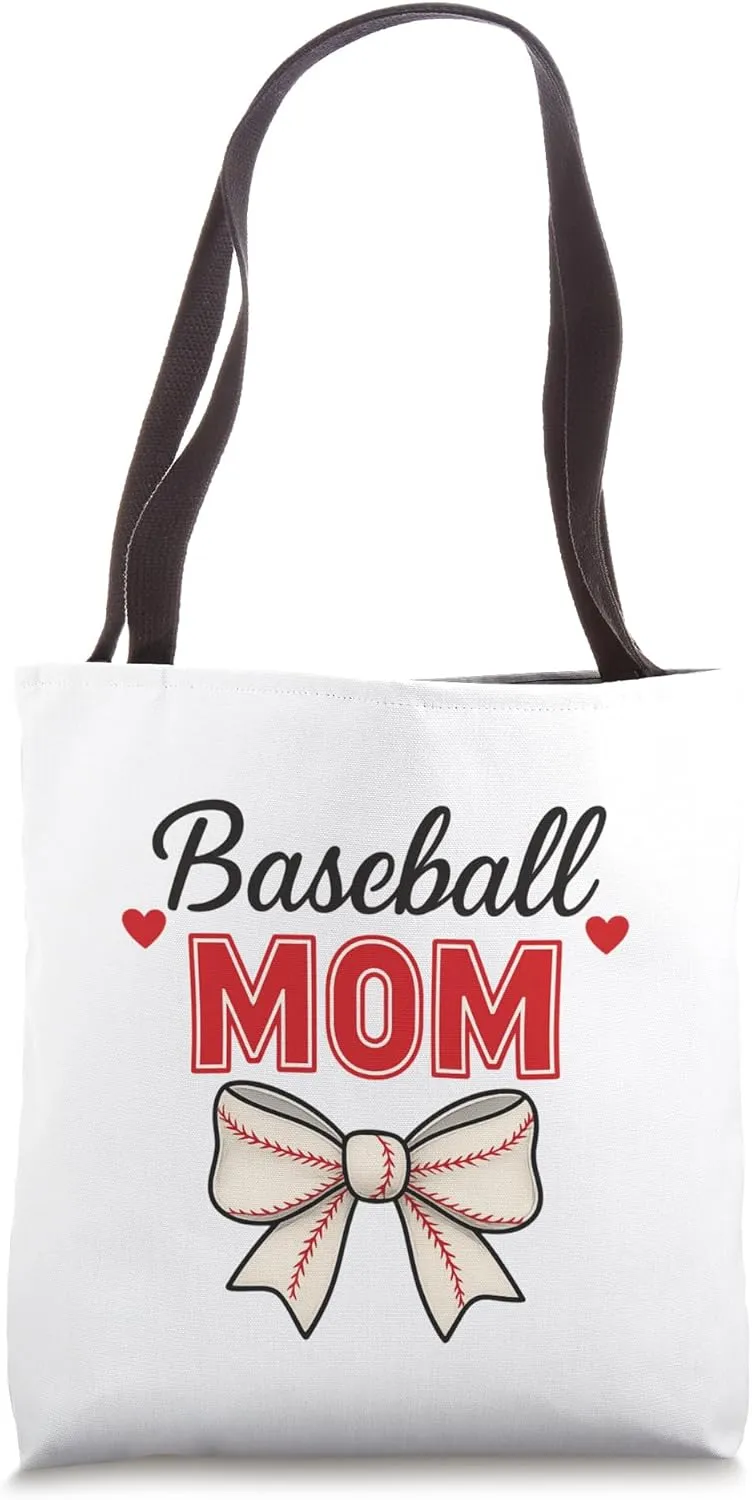 Baseball Mom Cute Red Stitch Coquette Bow Heart Softball Tote Bag