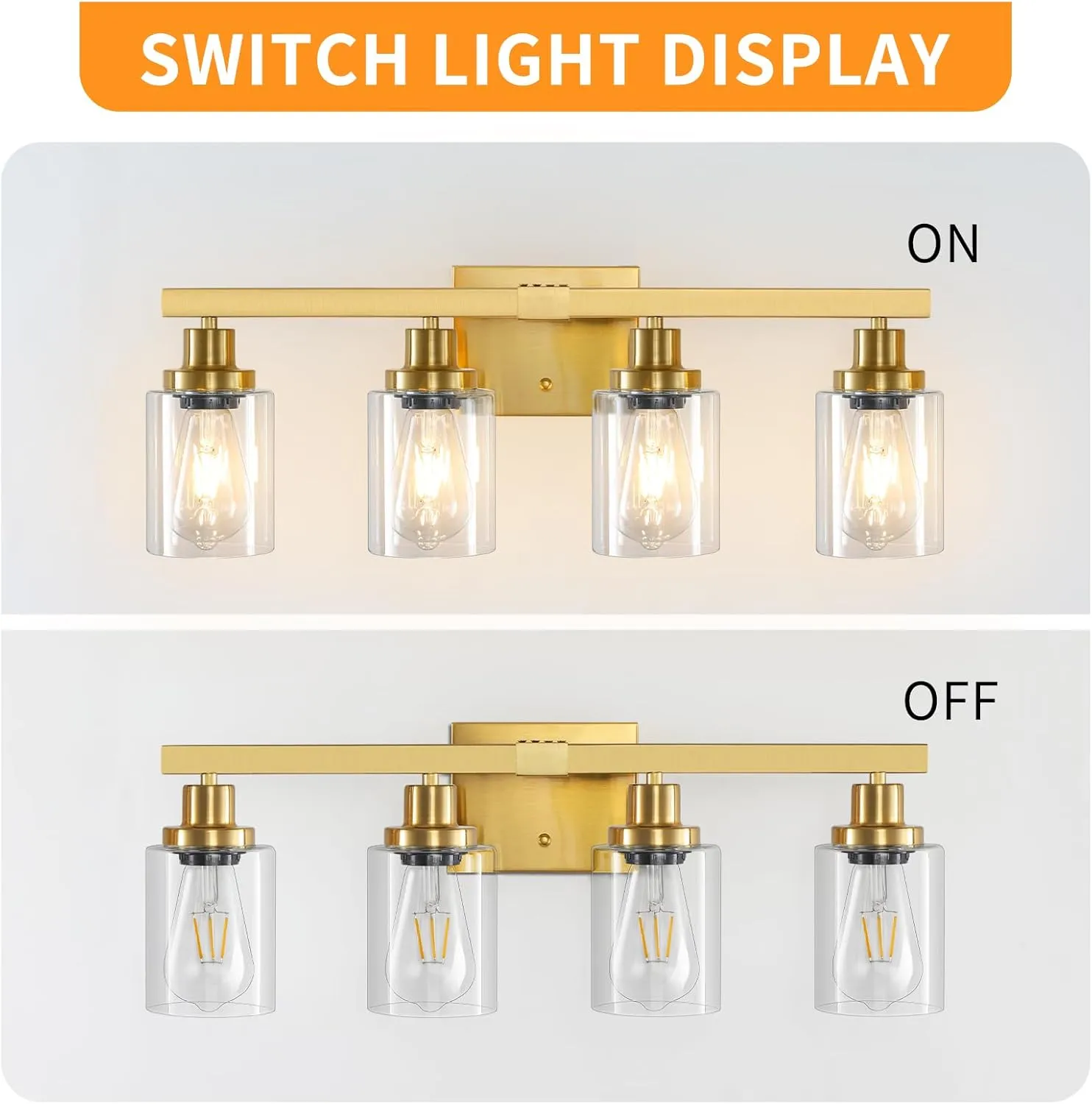 Bathroom Vanity Light, 4-Light Modern Matte Gold Wall Sconce Lighting with Clear Glass Shade, Black Wall Lights,Bath Vintage Wall Mounted Lamps for Mirror Bedroom Living Room