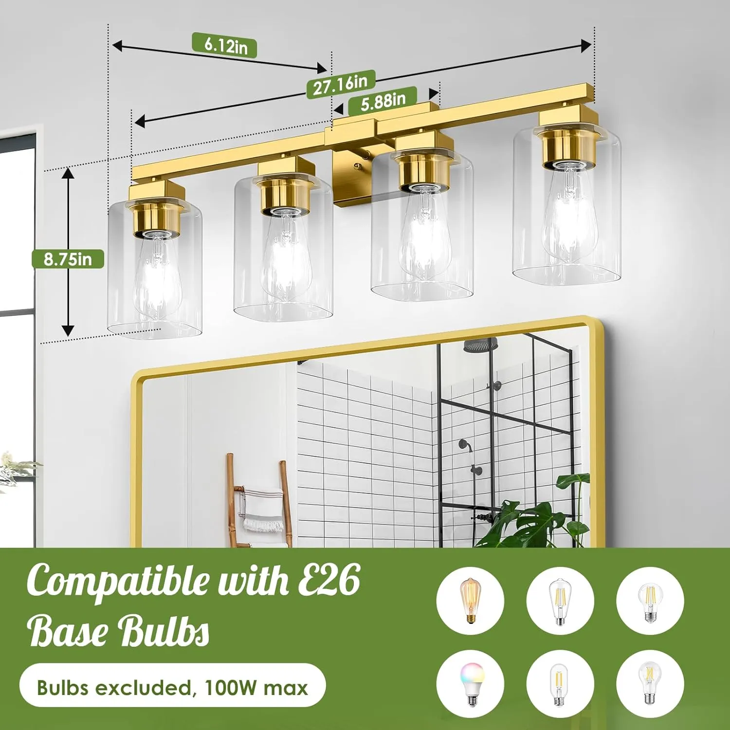 Bathroom Vanity Light, 4-Light Modern Matte Gold Wall Sconce Lighting with Clear Glass Shade, Gold Wall Lights,Bath Vintage Wall Mounted Lamps for Mirror Bedroom Living Room