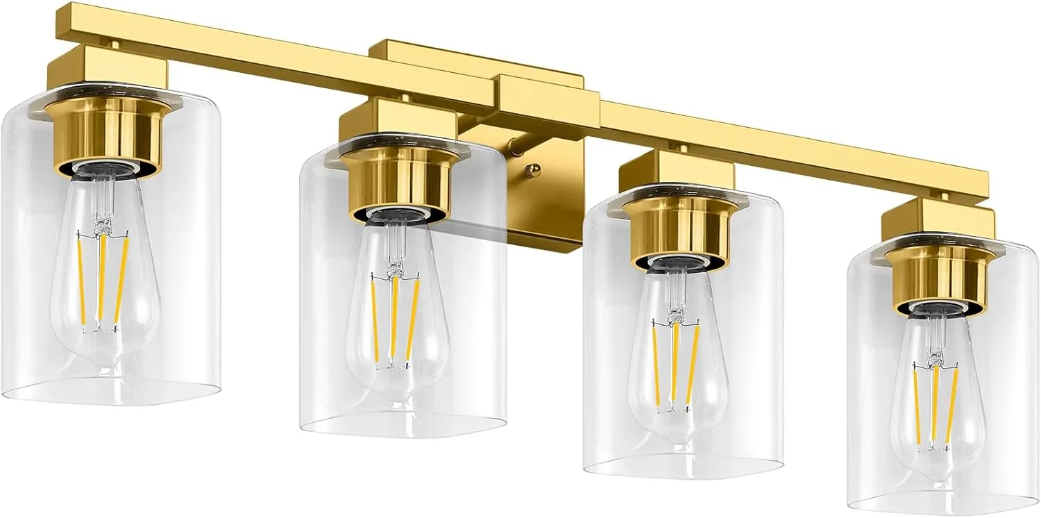 Bathroom Vanity Light, 4-Light Modern Matte Gold Wall Sconce Lighting with Clear Glass Shade, Gold Wall Lights,Bath Vintage Wall Mounted Lamps for Mirror Bedroom Living Room