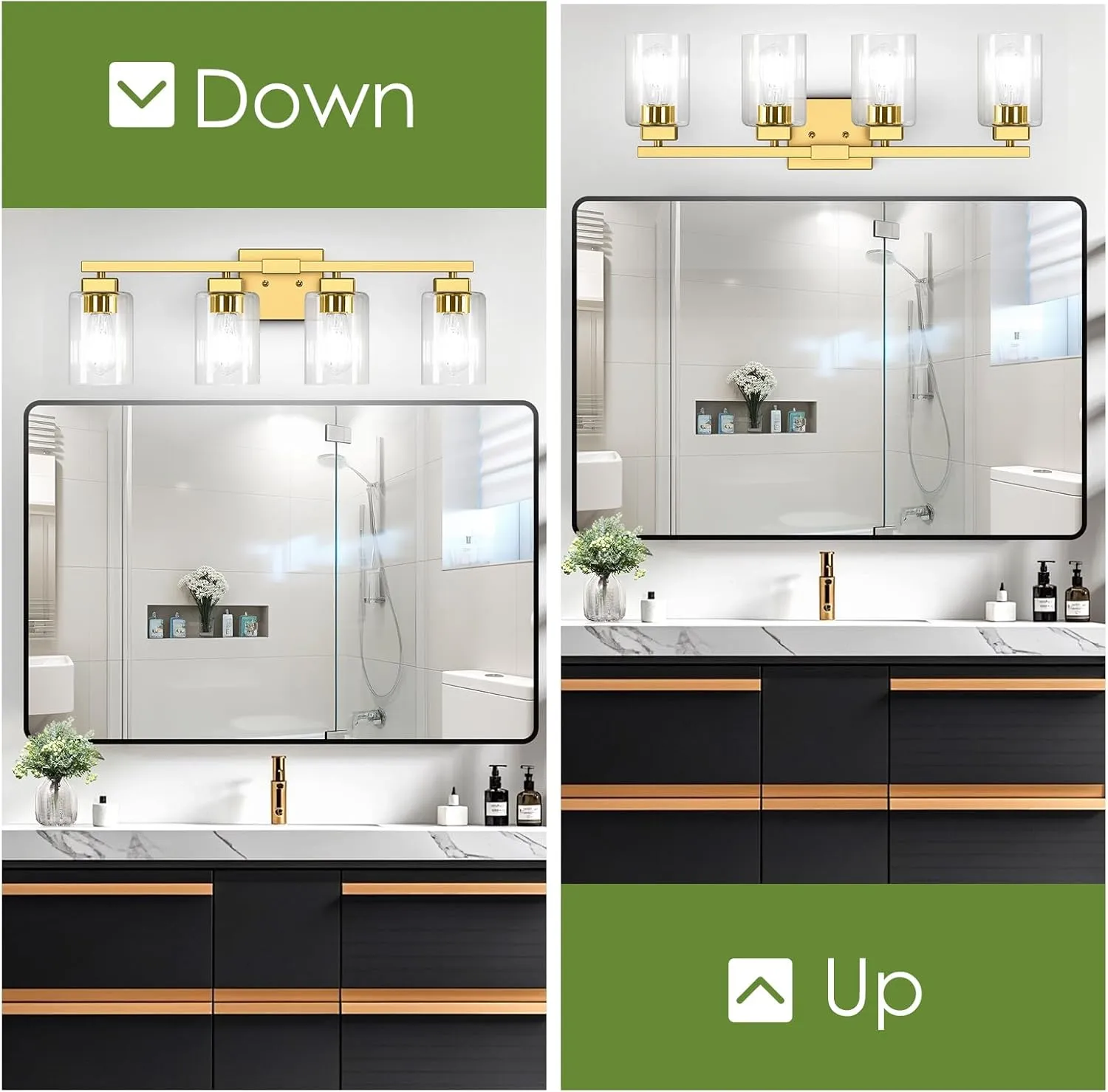 Bathroom Vanity Light, 4-Light Modern Matte Gold Wall Sconce Lighting with Clear Glass Shade, Gold Wall Lights,Bath Vintage Wall Mounted Lamps for Mirror Bedroom Living Room