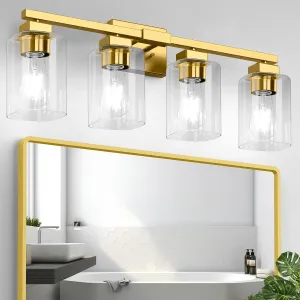Bathroom Vanity Light, 4-Light Modern Matte Gold Wall Sconce Lighting with Clear Glass Shade, Gold Wall Lights,Bath Vintage Wall Mounted Lamps for Mirror Bedroom Living Room