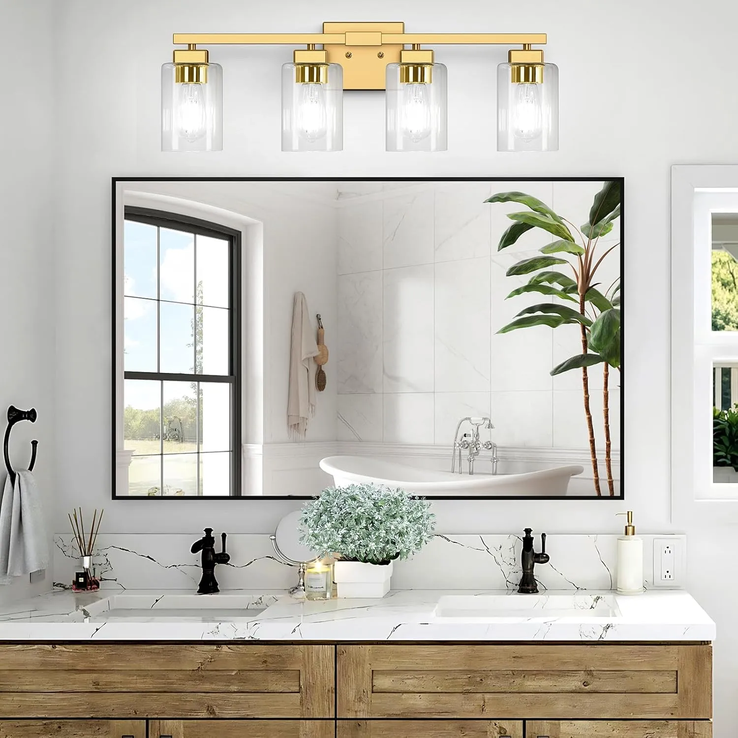 Bathroom Vanity Light, 4-Light Modern Matte Gold Wall Sconce Lighting with Clear Glass Shade, Gold Wall Lights,Bath Vintage Wall Mounted Lamps for Mirror Bedroom Living Room