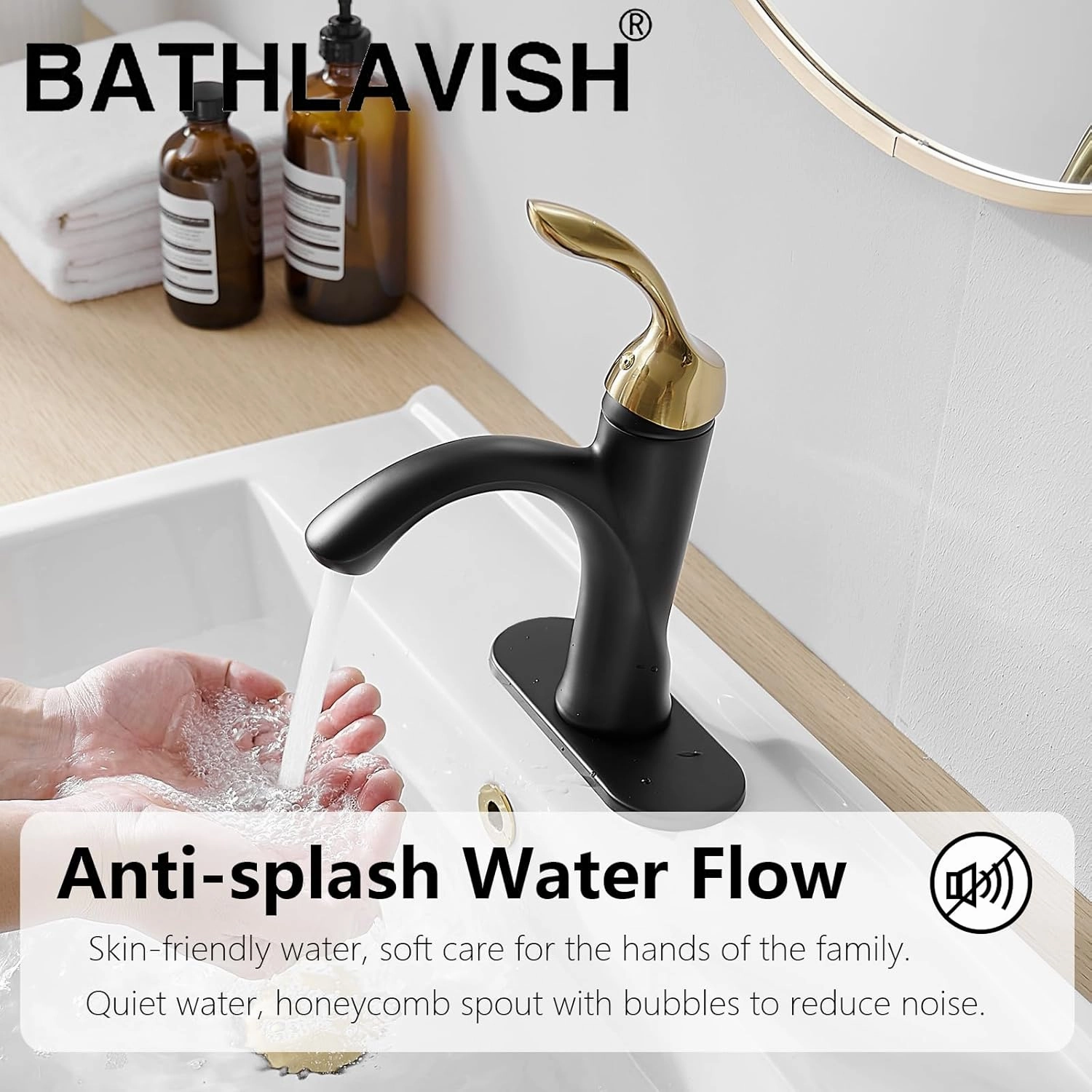 Bathroom Sink Faucet Black and Gold, Single Hole Bathroom Faucet Farmhouse, Single Handle Lavatory Vanity RV with Pop Up Drain with Overflow