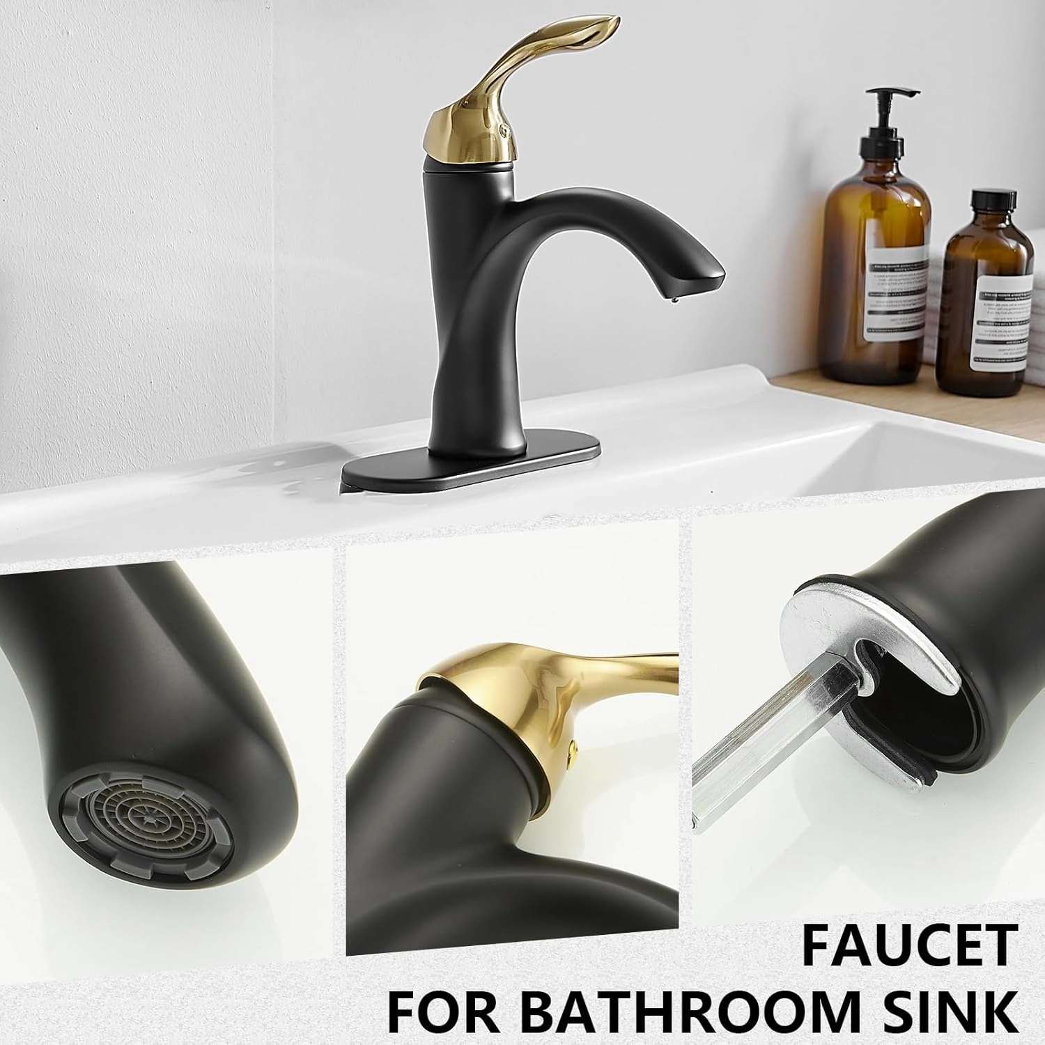 Bathroom Sink Faucet Black and Gold, Single Hole Bathroom Faucet Farmhouse, Single Handle Lavatory Vanity RV with Pop Up Drain with Overflow