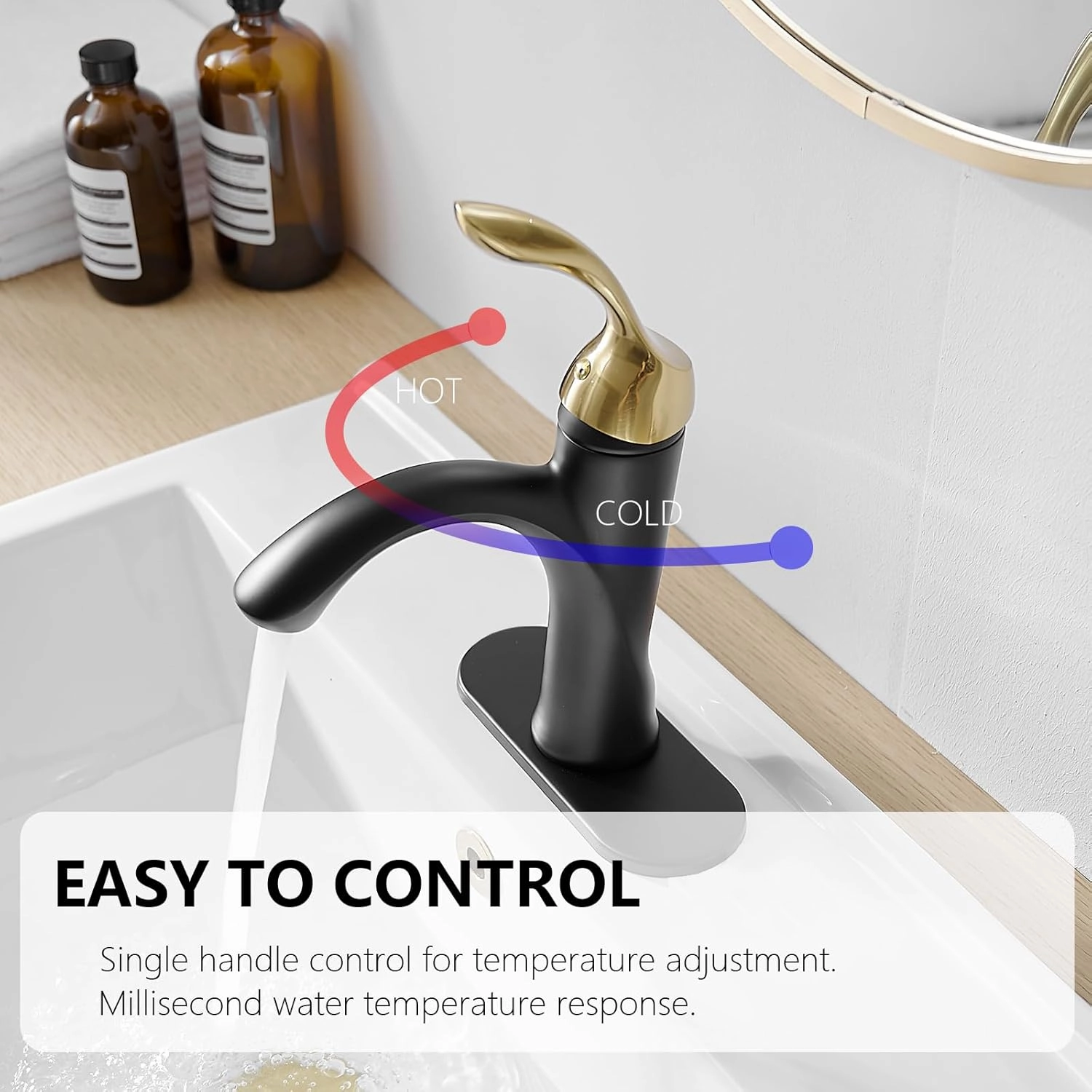 Bathroom Sink Faucet Black and Gold, Single Hole Bathroom Faucet Farmhouse, Single Handle Lavatory Vanity RV with Pop Up Drain with Overflow