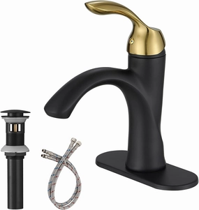 Bathroom Sink Faucet Black and Gold, Single Hole Bathroom Faucet Farmhouse, Single Handle Lavatory Vanity RV with Pop Up Drain with Overflow
